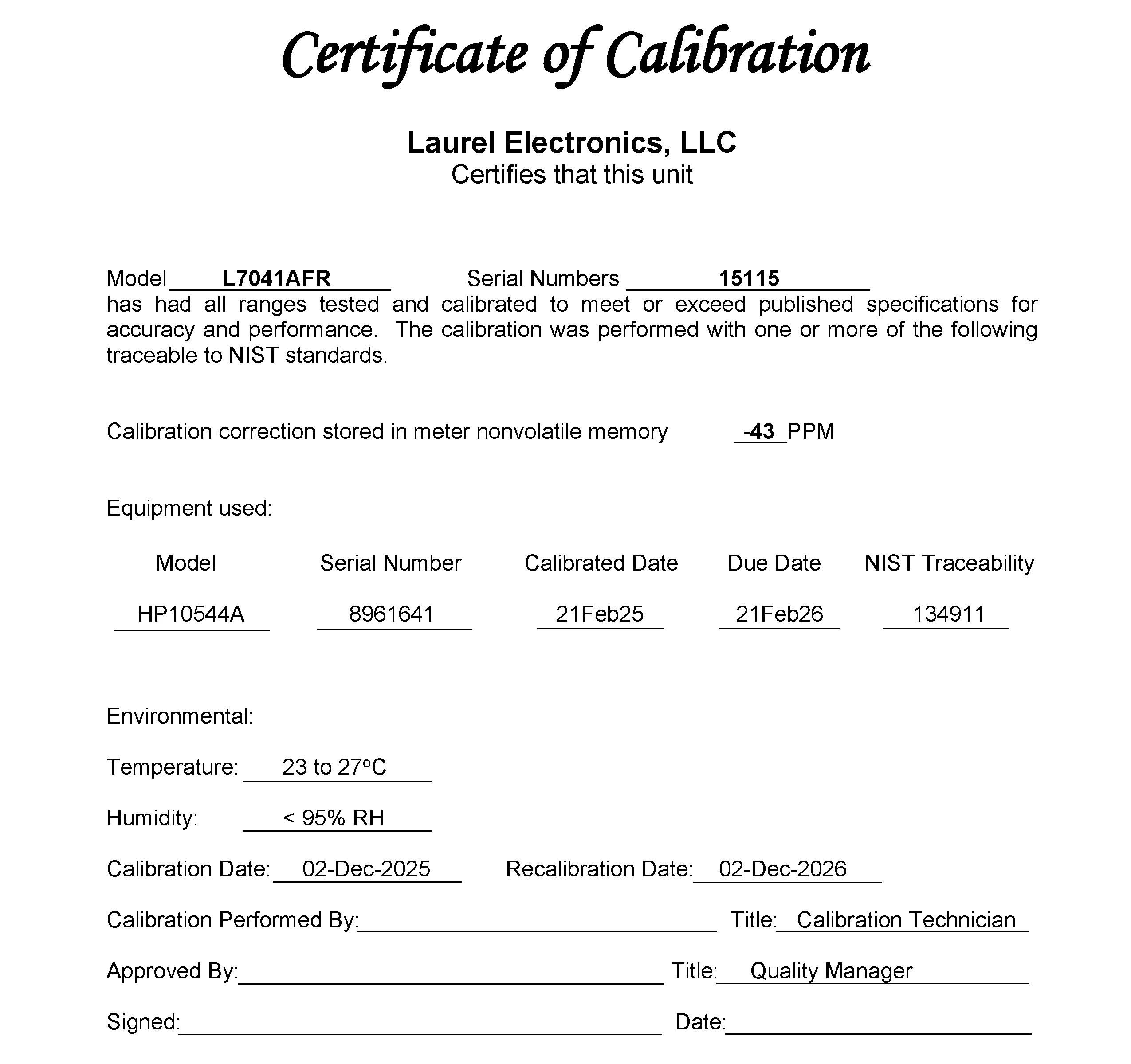 Certificate of Calibration Digital Certificate of Calibration Digital