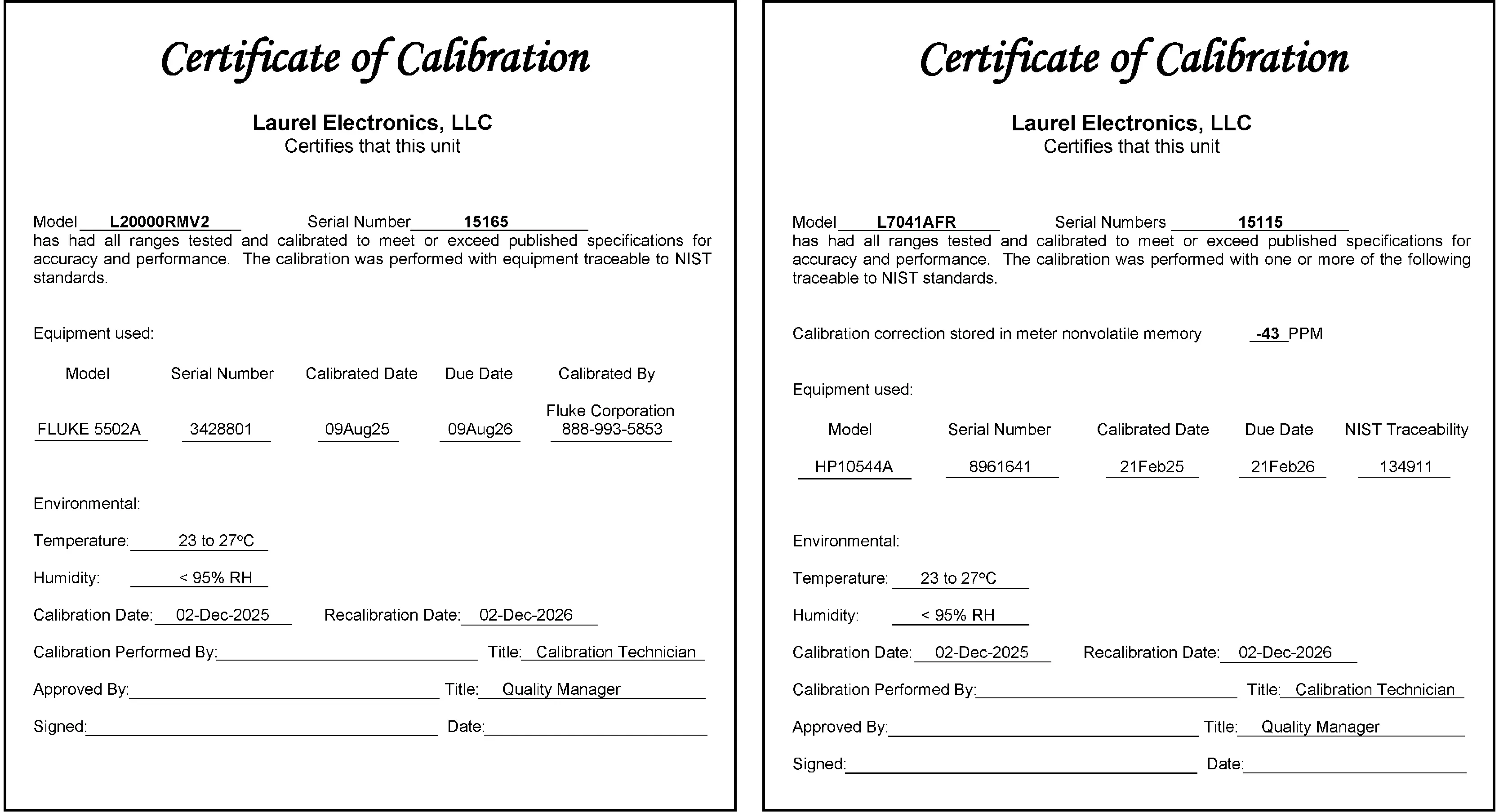 Certificate of Calibration